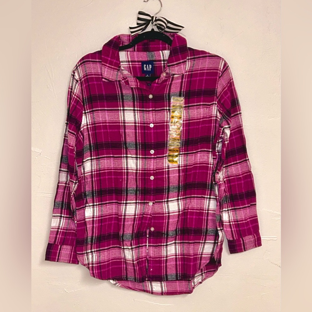 GAP Pink and White Button Down Shirt with Plaid Design